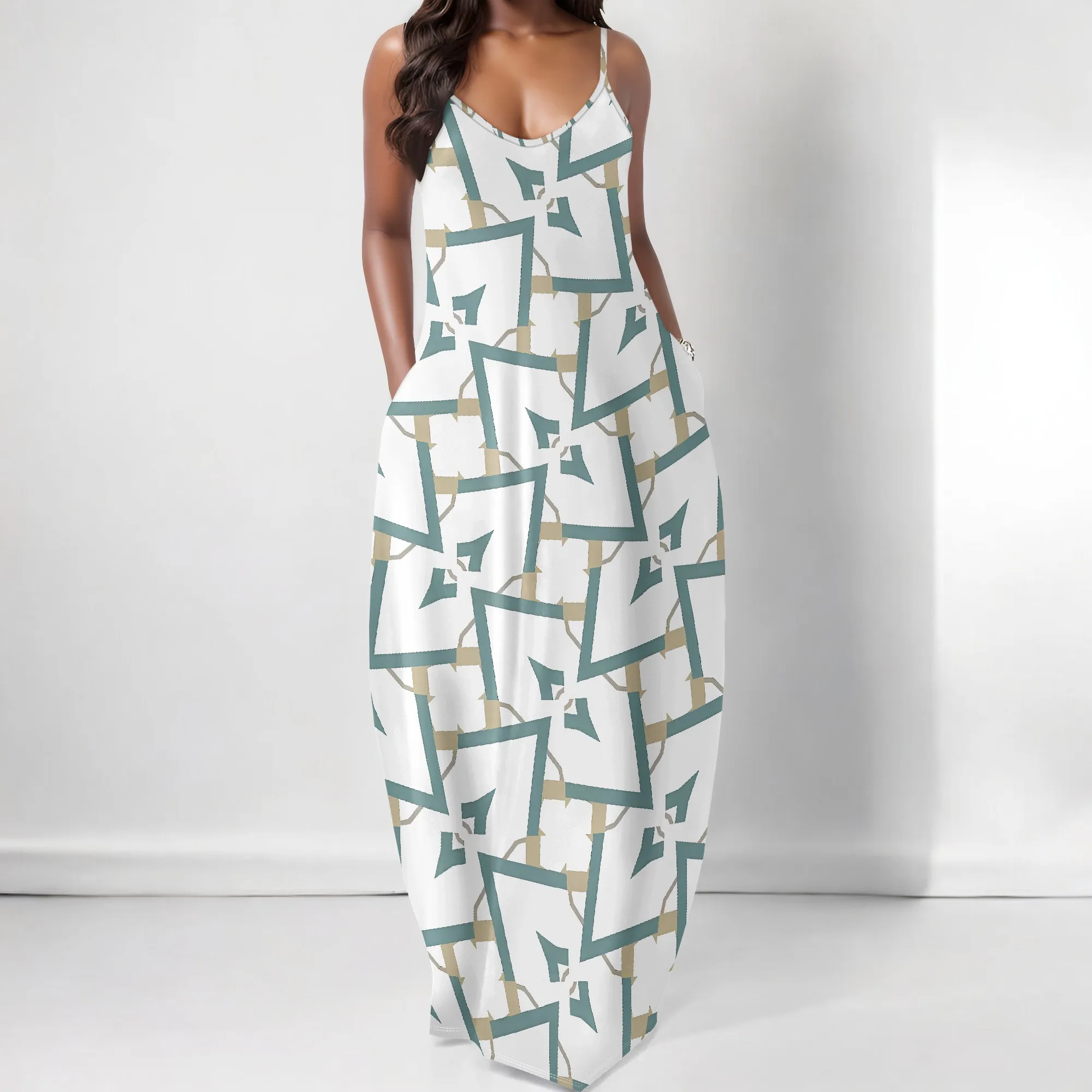 

EQQZD Sleeveless Crewneck Spaghetti Strap Maxi Dress with Pockets, Modern Minimalist Geometric Pattern Print Dress
