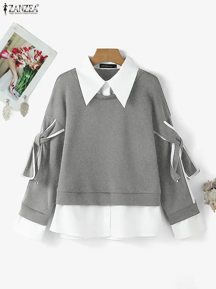 

ZANZEA, женские толстовки, осень 2021, лоскутные пуловеры с длинными рукавами и бантом, повседневные свободные джемперы, модная уличная одежда с лацканами, Blusas