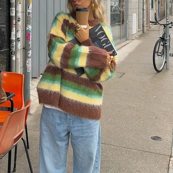 

DSMTRC женский вязаный пуловер с круглым вырезом и длинными рукавами, свободный полосатый свитер, новинка 2025 года, женская новая модная осенне-зимняя уличная одежда