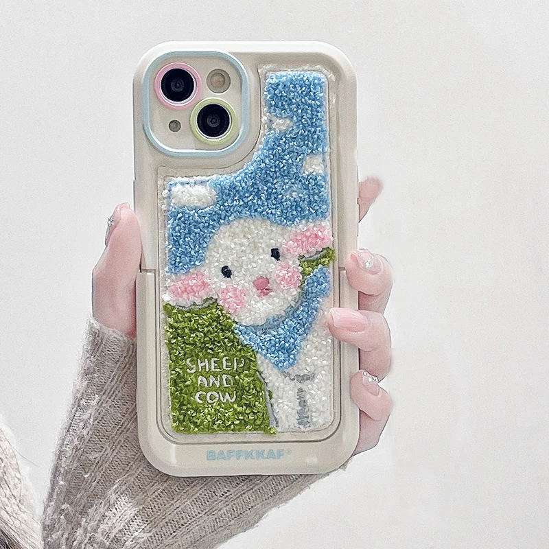 Cute Plush Embroidery Sheep Kickstand Case For iPhone 15 Pro Max 14 13 11 12 15 Plus Soft Phone Cover With Fold Holder