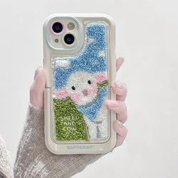 Funda bonita con soporte de oveja bordada de felpa para iPhone 15 Pro Max 14 13 11 12 15 Plus, funda suave para teléfono con soporte plegable