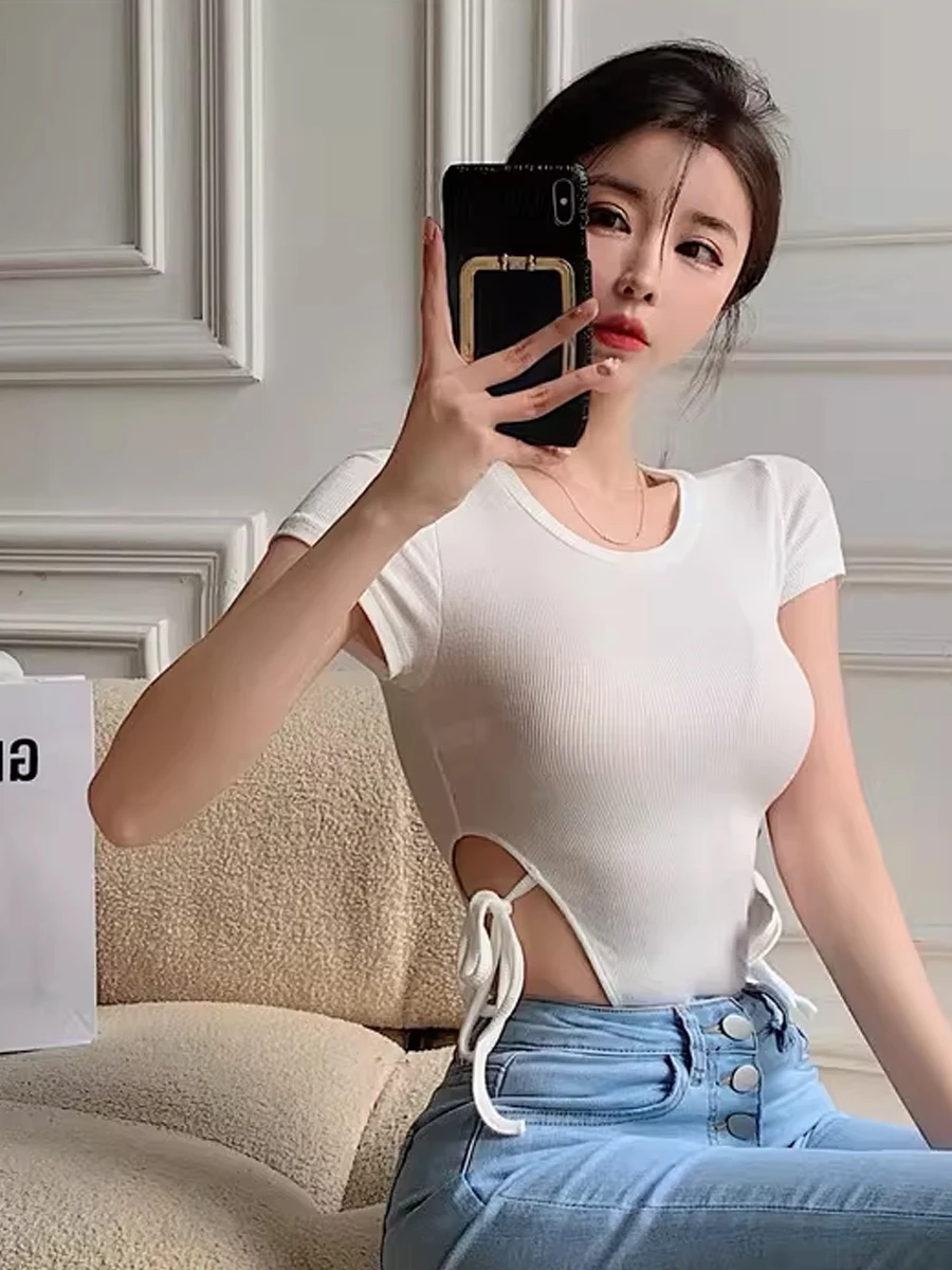 

Pure Desire Girl ort Sve T-irt Hollow out round Ne Top Chest Enhancing Base Layer irt Low Waist Jumpsuit