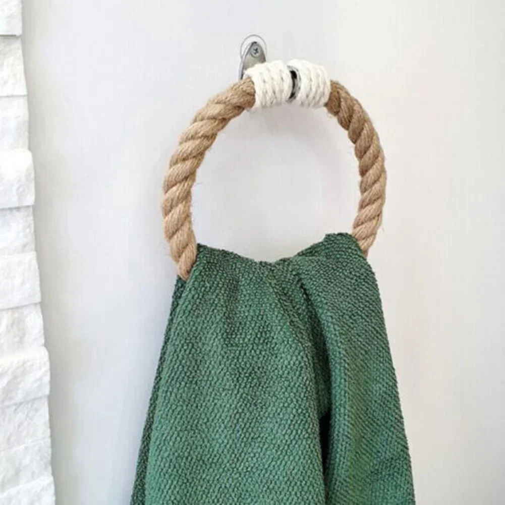 

Towel Ring Coat Hanger Iron Rustic Hand Towel Holder Hemp Rope Rack Bathroom Towel Holders Home Storage