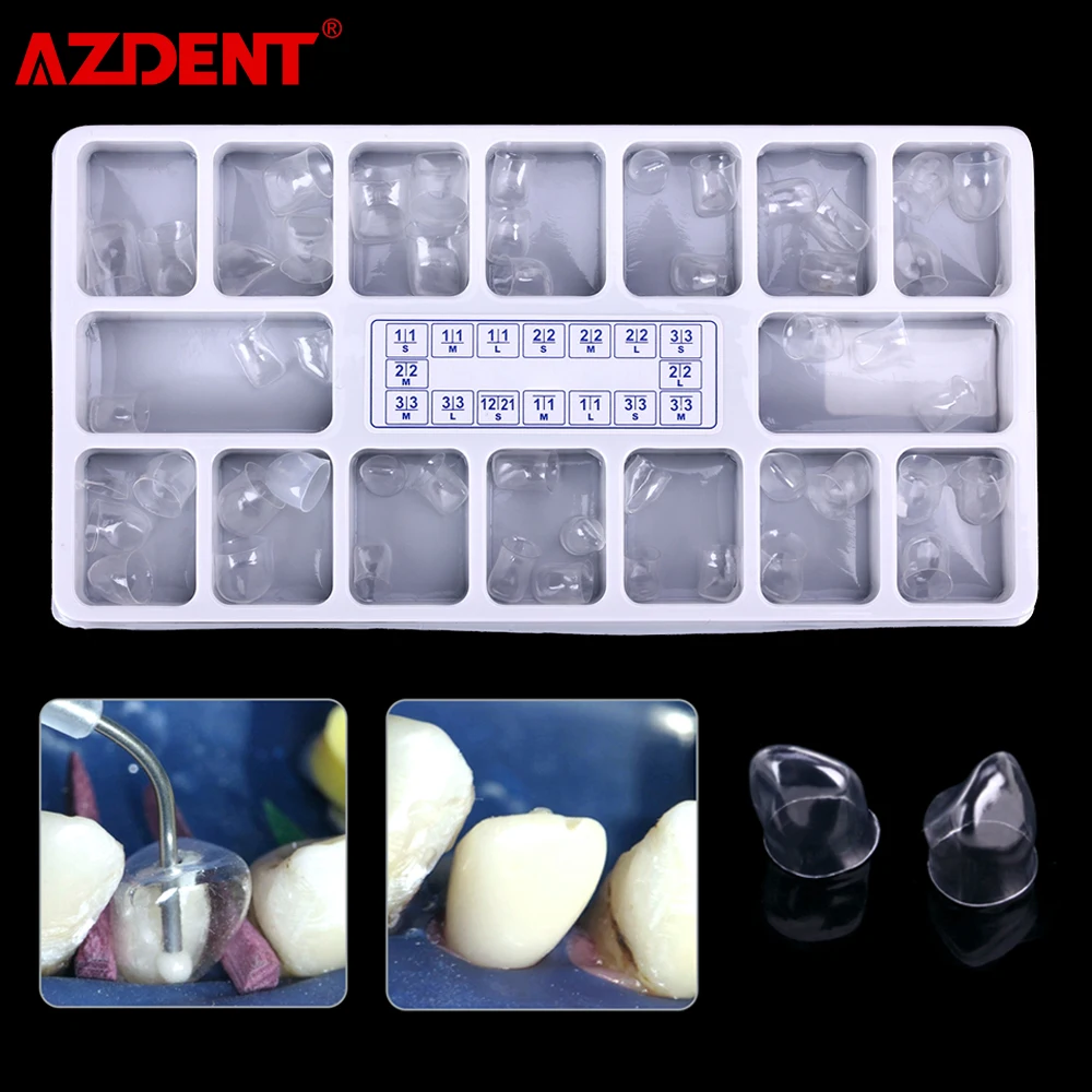 Azdent Dental Anterior Coroas para adultos, aparelhos temporários, matriz odontológica, ferramentas pré-formadas, materiais transparentes, 64pcs por