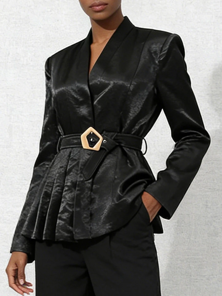 VGH Solid Elegant Slimming Jackets For Women V Neck Long Sleeve Spliced Belt Spring Design Sense Folds Jacket Female Fashion New