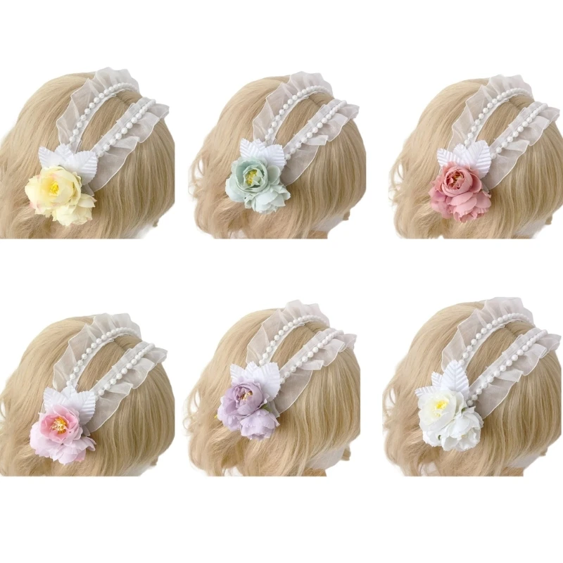 

3D Flower Lace Headband French Hairband Women Lolita Girls Elegant Imitation Pearl Beaded Hair Hoop Party Headpiece Daily Wear