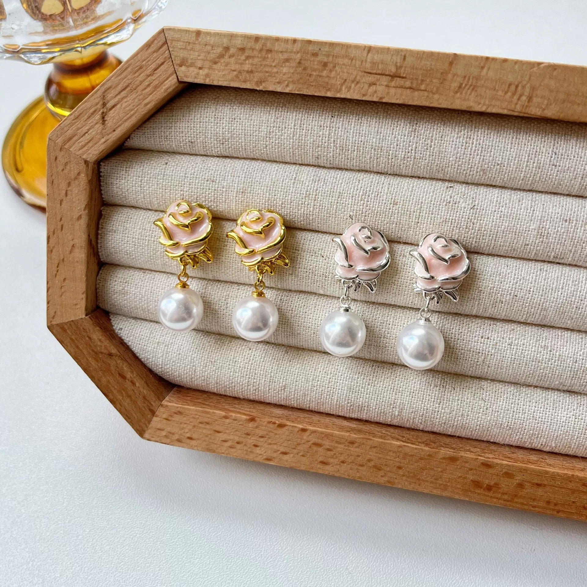 

French Drip Glaze Rose Flower Pearl Ear Stud Piercing Earrings For Women Fashion New Jewelry Accessories Gift Party Wedding