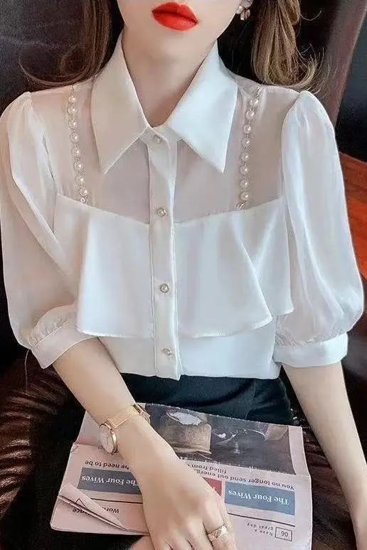 High-end Shirt for Women Short-sleeved Mesh Splicing Beads Korean Style Loose Design Niche Top 2025 Summer New Style