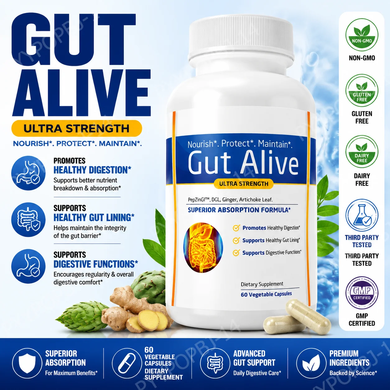 Gut Alive - All Natural Support to Fight IBS Heartburn Acid Indigestion Acid Reflux Bloating & Gas Unique Formulation 60 Count
