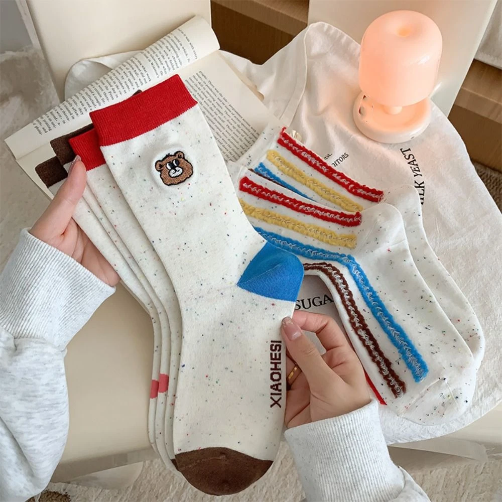 

3 пары модных милых носков до середины икры, полосатые лоскутные носки с героями мультфильмов, чулочно-носочные изделия средней длины, женские чулки для девочек