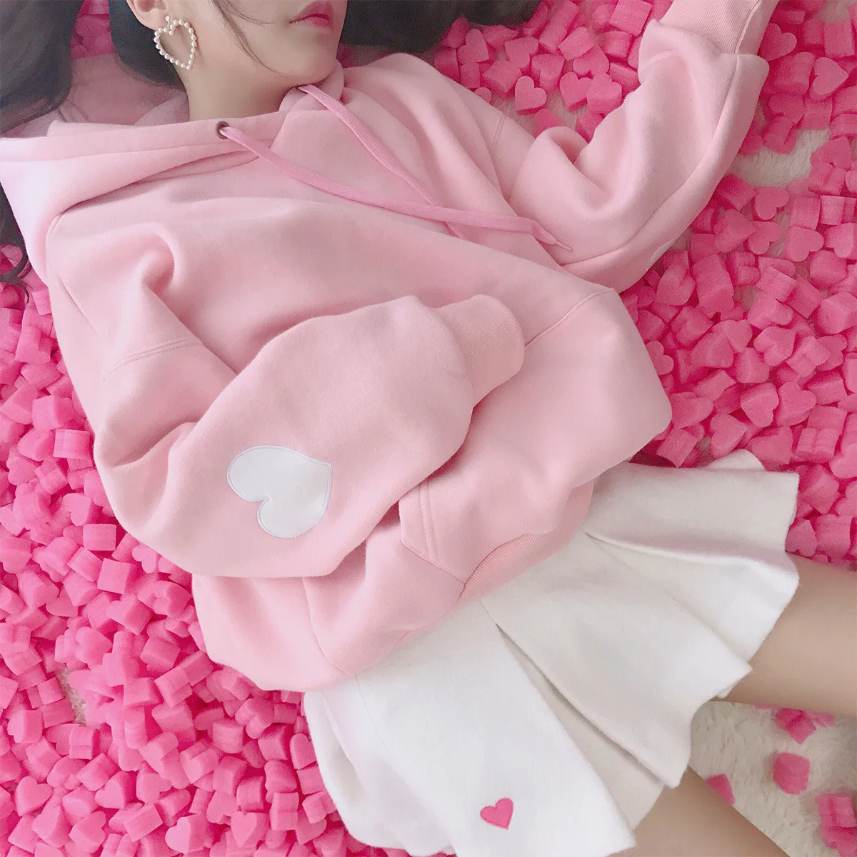 Sudadera con capucha de algodón para mujer, diseño bordado de corazón de amor, Tops dulces de moda Lolita, abrigo de lana Kawaii, ropa de exterior