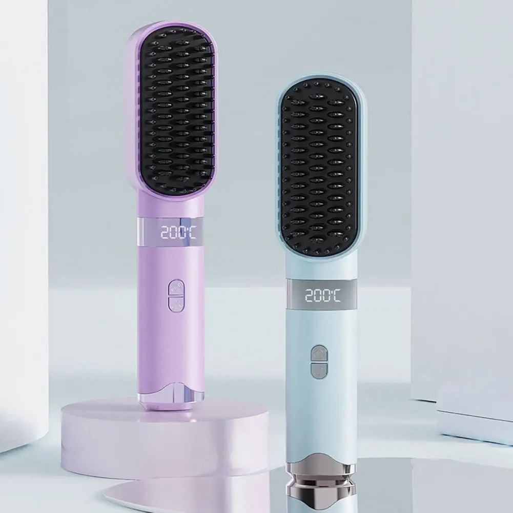 Cordless Hair Straightener Brush 4 Temperature Modes Adjustable LED Display Fast Heating Portable Travel Electric Hot Brush Curl