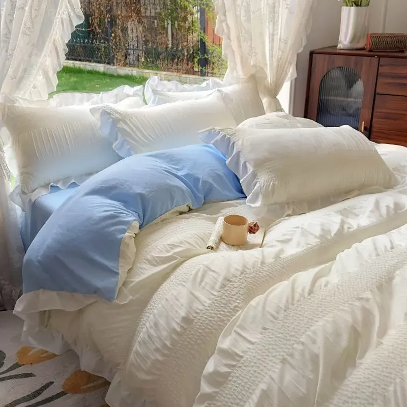 

INS Princess Bedding Set - 4PC Ruffled Trim Quilt Cover (Girls' Duvet Set, Queen/King Size Home Decor)