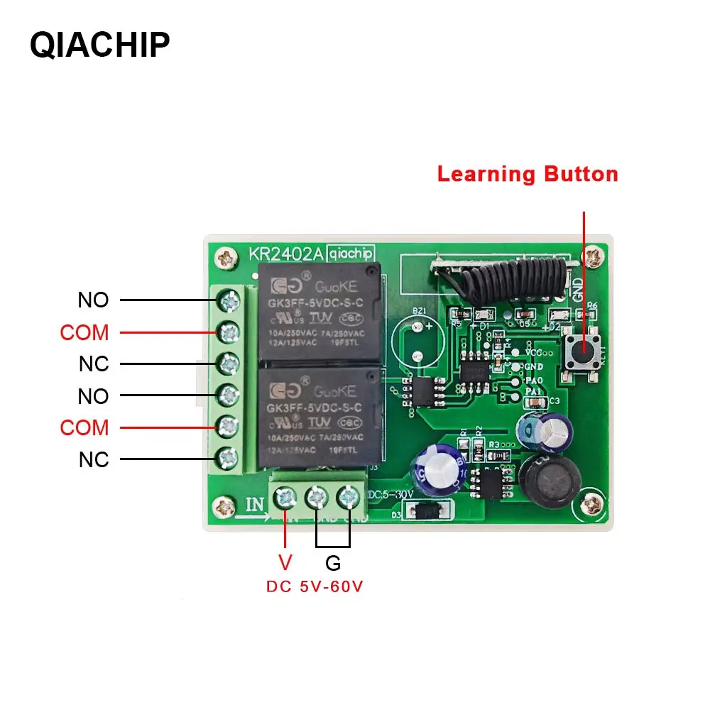 QIACHIP DC 5V-60V 2CH Switch With Remote Control Relay Module Universal 24V 2 Delay 433MHz Remote Control Switch Relay Receiver