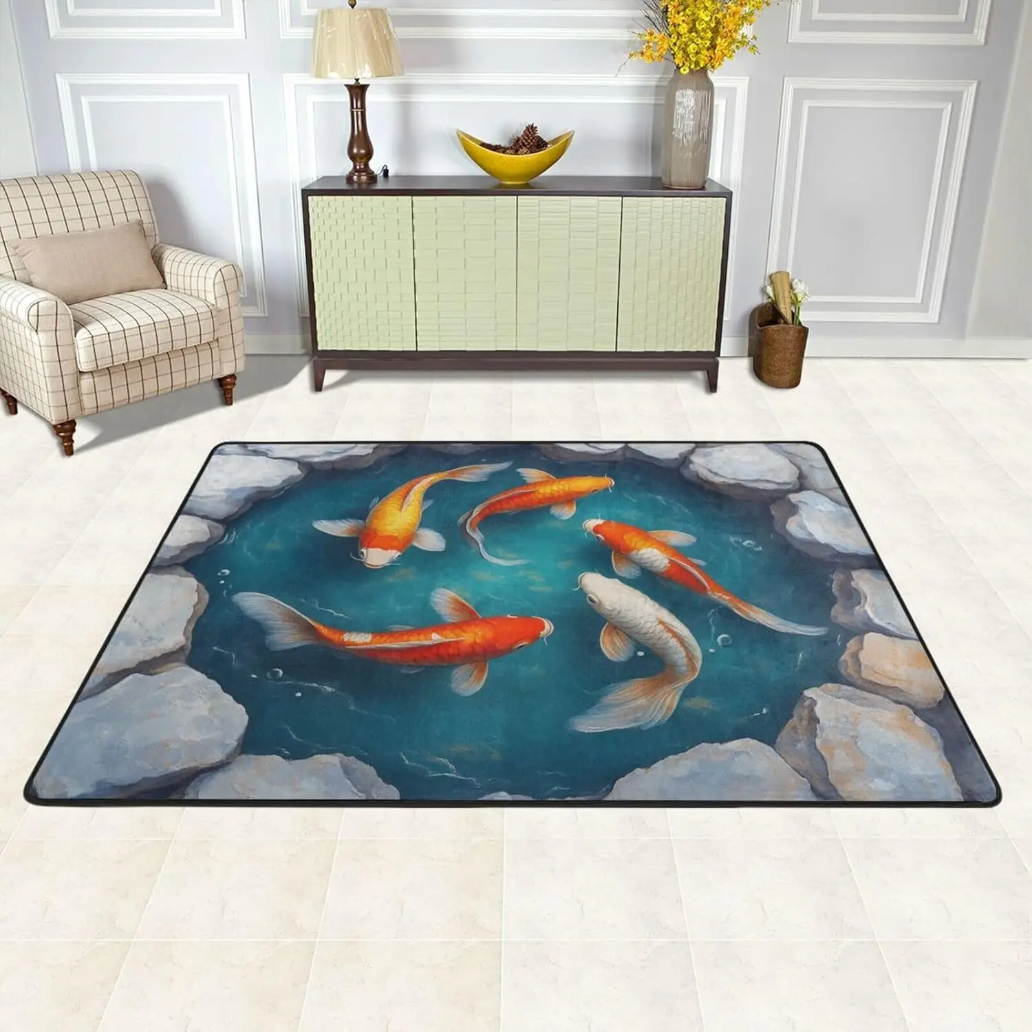 Koi Fish Pond Doormat 3D Visual Illusion Rug Non Slip Entryway Mat