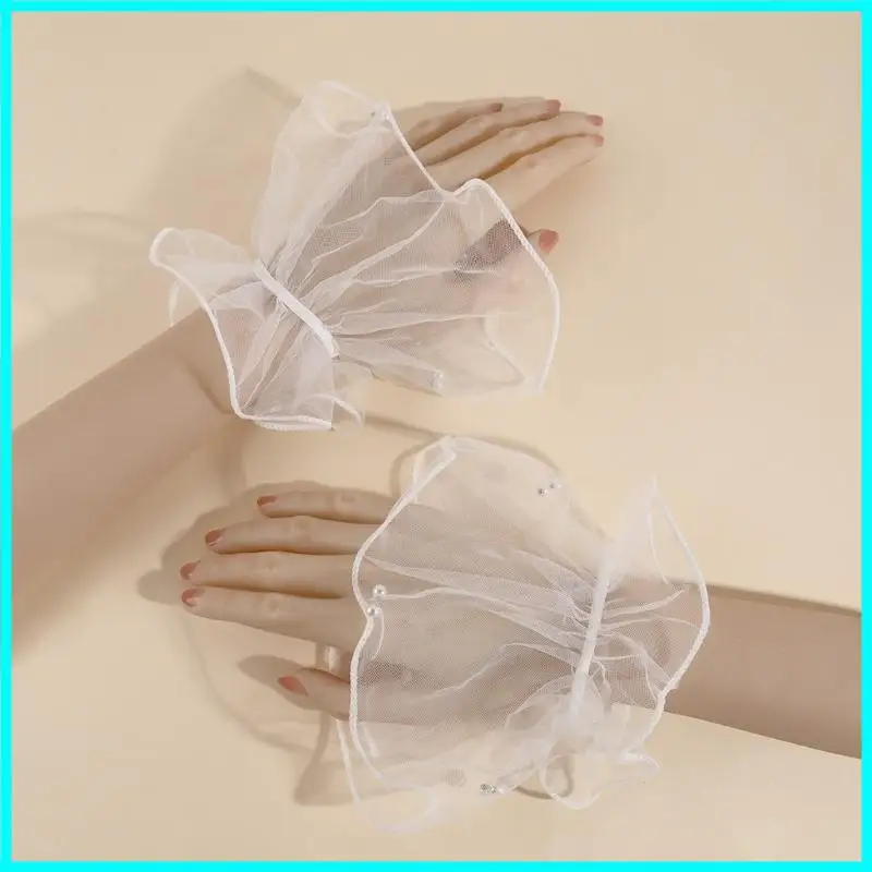 1Pair Detachable Cuffs Pearl Lace Mesh Fake Flared Sleeves Women Pleated False Cuffs Wristband Wrist Warmers Party Ornament