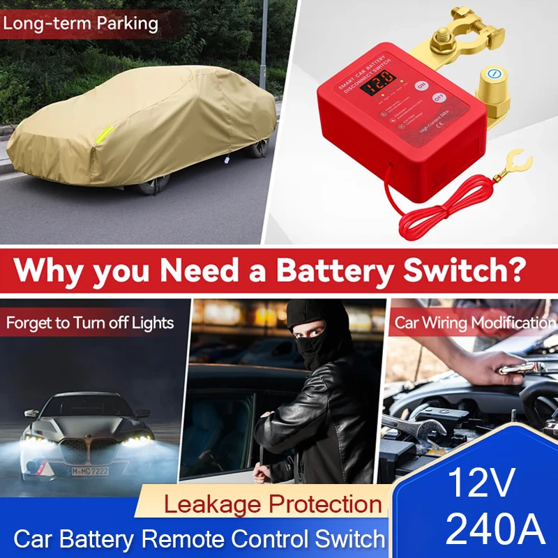 

12V 240A Kill Switch Car Battery Remote Control Switch with Led Voltage Display Automatic Power Shut Off Switch for Auto