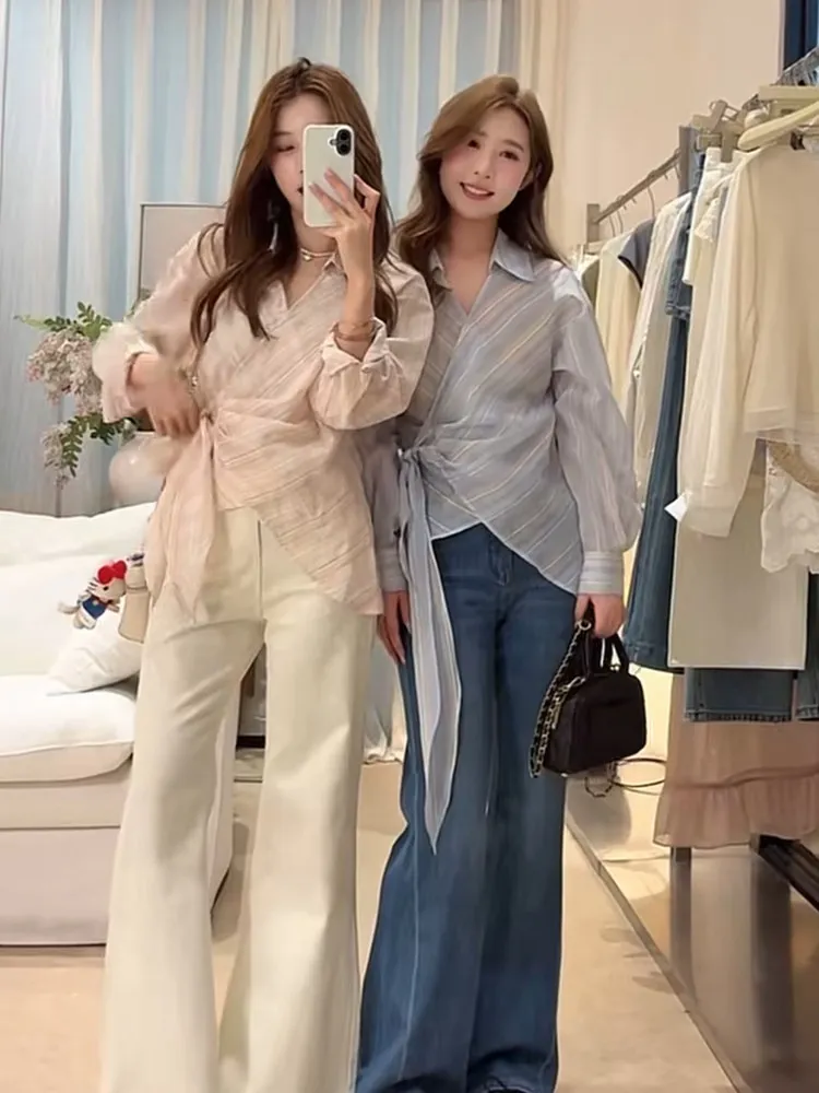 

Sweet Korean Style Long Sleeve Striped Loose Women's Shirt Sun Protection Belted Fashionable Slimming Spring Summer New Arrival