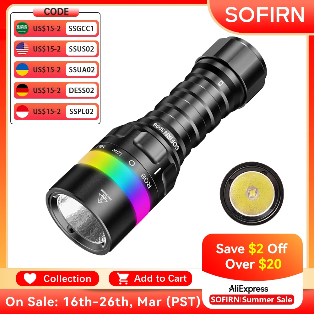 

Sofirn SD08 Diving Flashlight 3200lm 385m SST70 LED 21700 USB C Rechargeable 360° Power Display RGB light Underwater Positioning