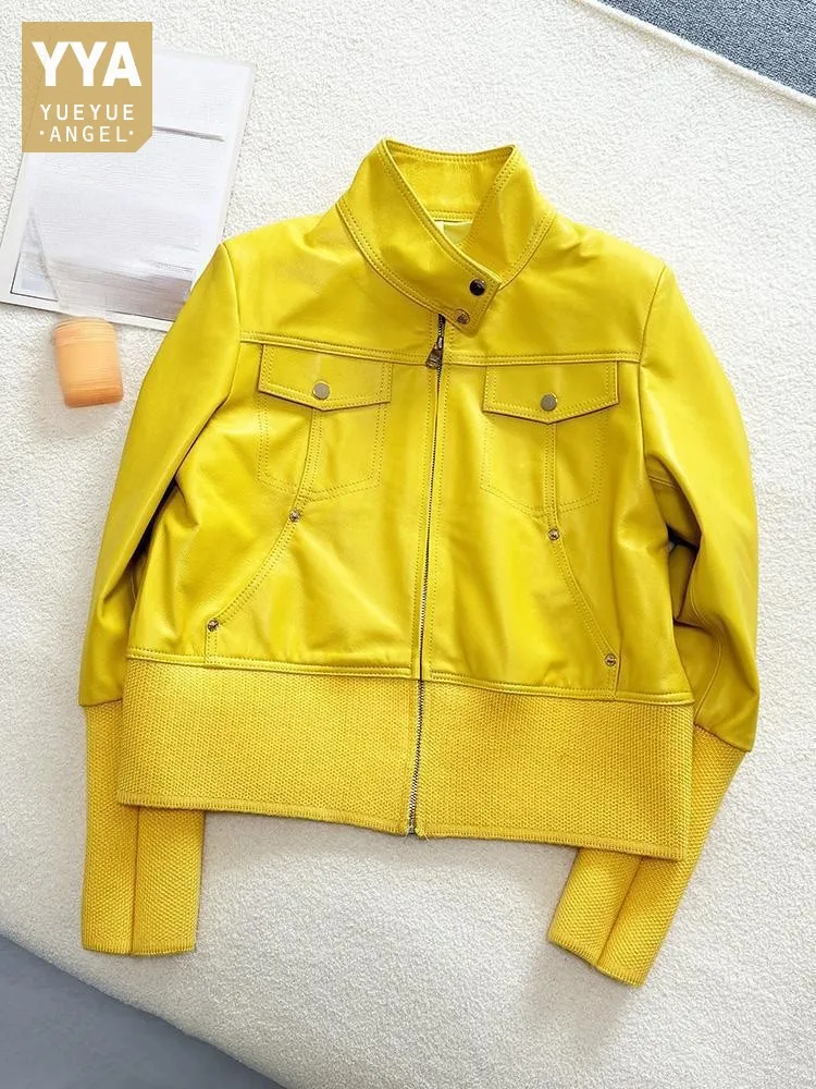 Commuting Style Lady Genuine Leather Short Jacket Long Sleeves Zipper Fashion Loose Solid Color Button Sheepskin Pocket Coats