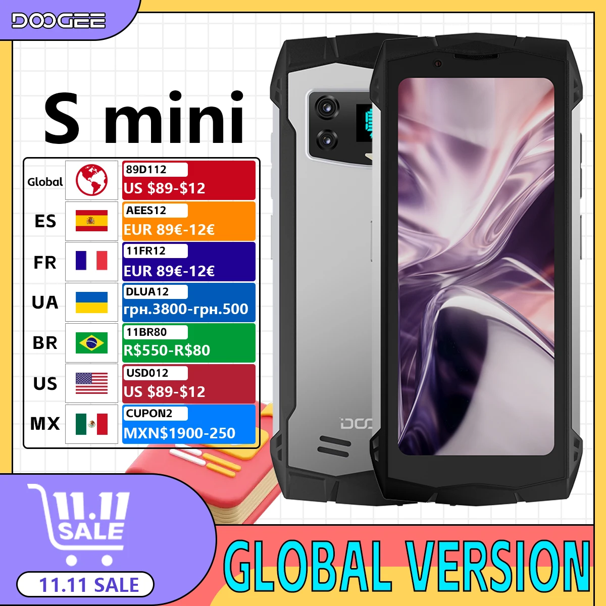 

DOOGEE Smini Rugged Phone 4.5"QHD Display Helio G99 4G 50MP Camera 3000mAh 18W Fast Charge 8GB+256GB NFC Android Cell Phone