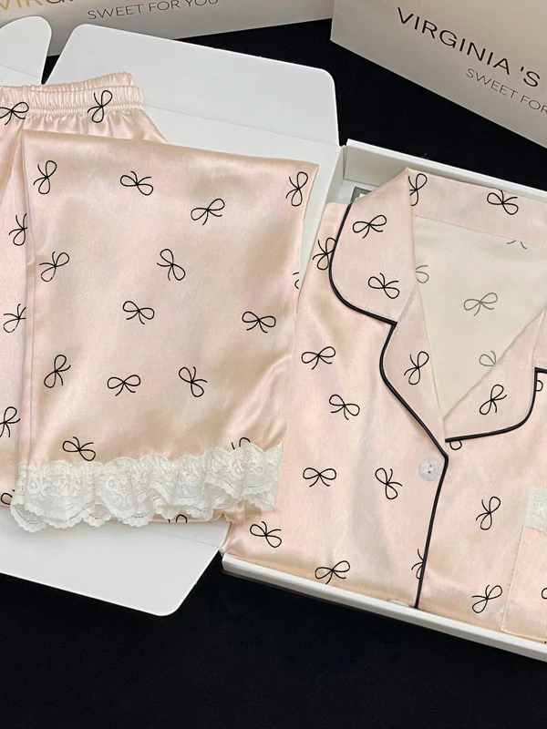

Korean Sle Lace Trim Spwear Women's Spring Autumn Knot Print ort Sve Long Pants Ice Silk Cool Feeling Hom...