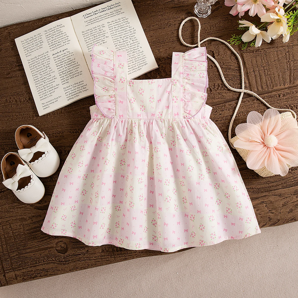 Baby Dresses Summer Cotton Bow Print Little Flying Sleeve Baby Girl Dress Cute Casual Beach Girl Clothing With Knitted Bag