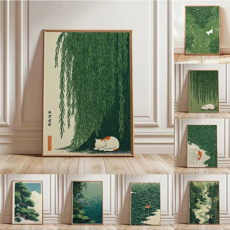 Retro Japanese Forest Koi Fish Zen Water Painting Canvas Poster Cat Under Willow Tree Wall Art Printing for Peaceful Home Dec