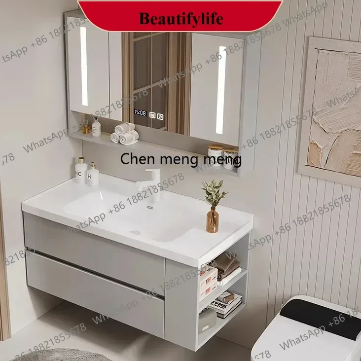 B567  Bathroom Vanity with Ceramic Sink Modern Wood Frame Bathroom Cabinet Vanity with Open Bottom Shelf Side Storage Elegant