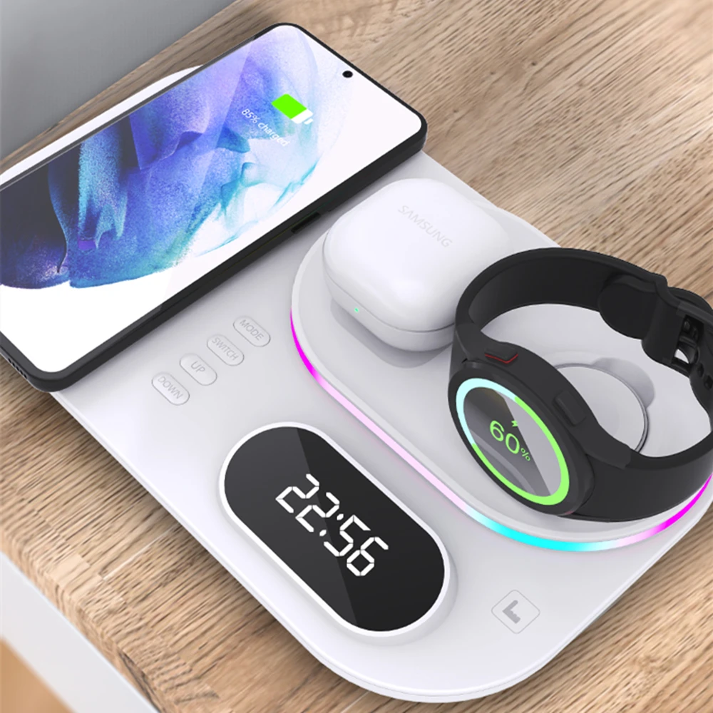 RGB Wireless Charger Dock 4 in 1 Charging Station For Apple Airpods iPhone 13 14 15 Galaxy S23 Ultra Galaxy Watch 6 5 4 3 Buds