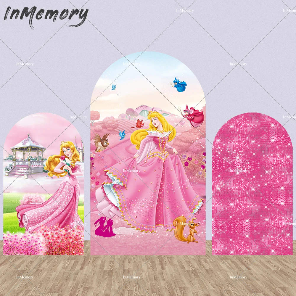 Sleeping Beauty Arch Backdrop Cover Birthday Party Pink Flower Princess Aurora Baby Shower Background for Girl Glitter Banner