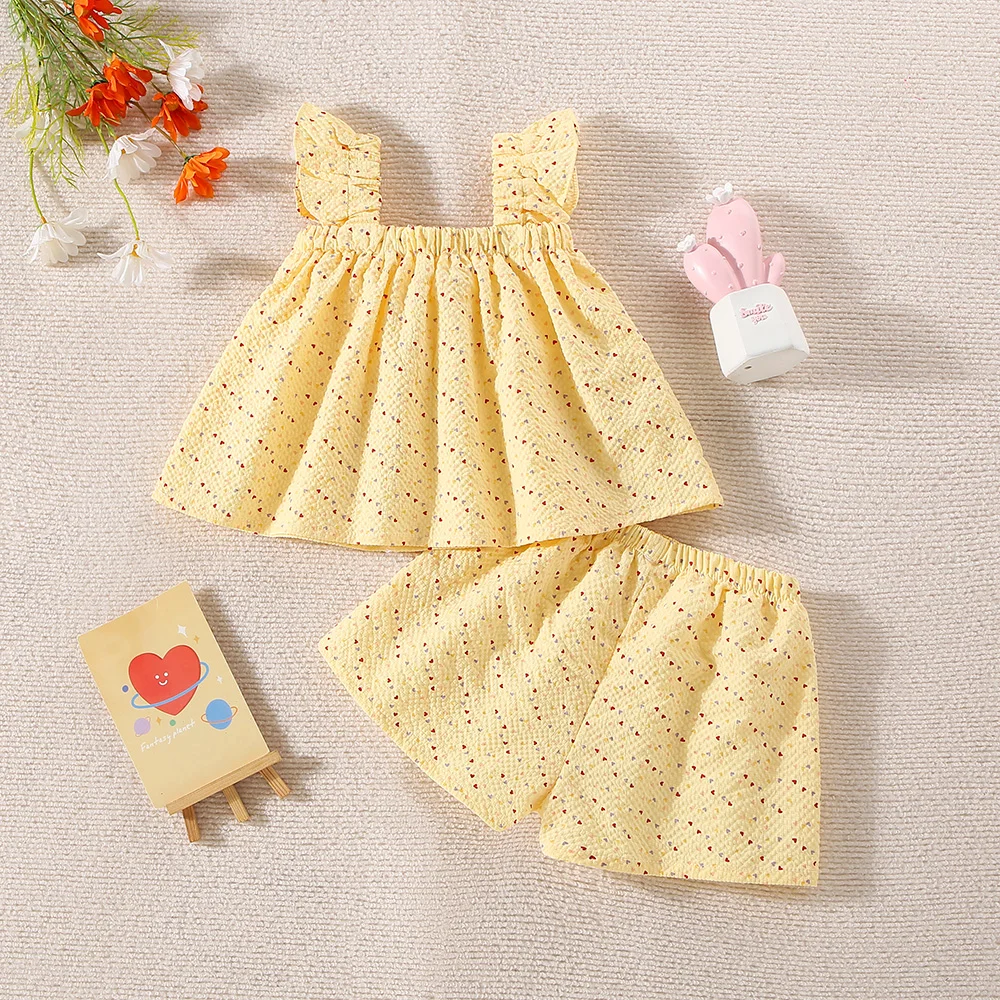 Summer Hot Selling Little Girl Flying Sleeve Long Bow Skirt Shorts Two Piece Set Korean Version Baby Girl Western Style Love Set