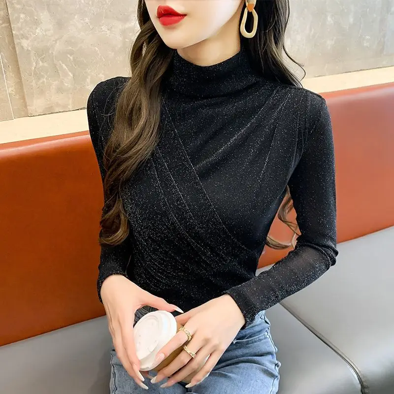 Black Women's Long Sleeve T-shirt Turtleneck Top Female Mesh Autumn Winter Sale 2025 High Quality Youthful Clothes Elegant Basic