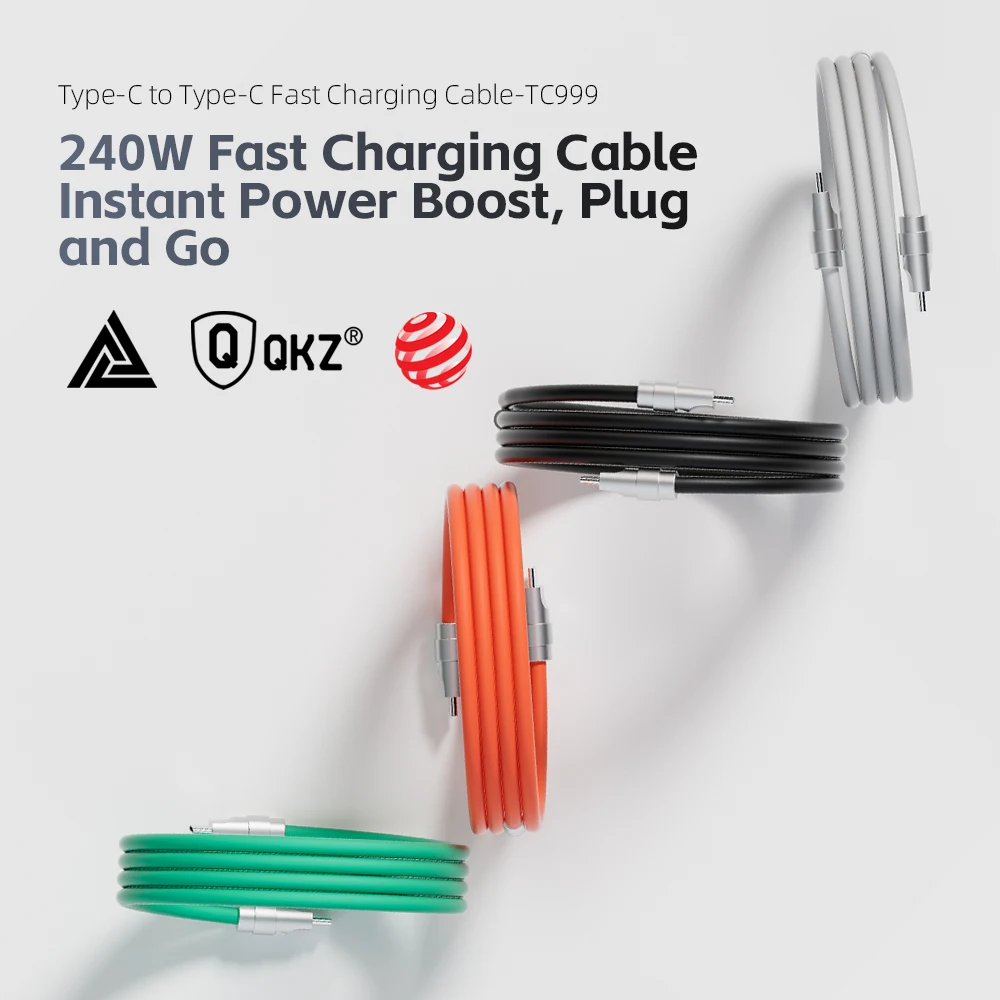 كابل شحن سريع QKZ Type C 240 واط وشحن سريع للغاية PD 240 واط وشحن فائق السرعة QKZ TC999 كابل شحن لأجهزة Samsung Huawei iPhone 17 16 15Pro Tablet iPad كابل شحن USB C متوافق تمامًا مع نقل البيانات