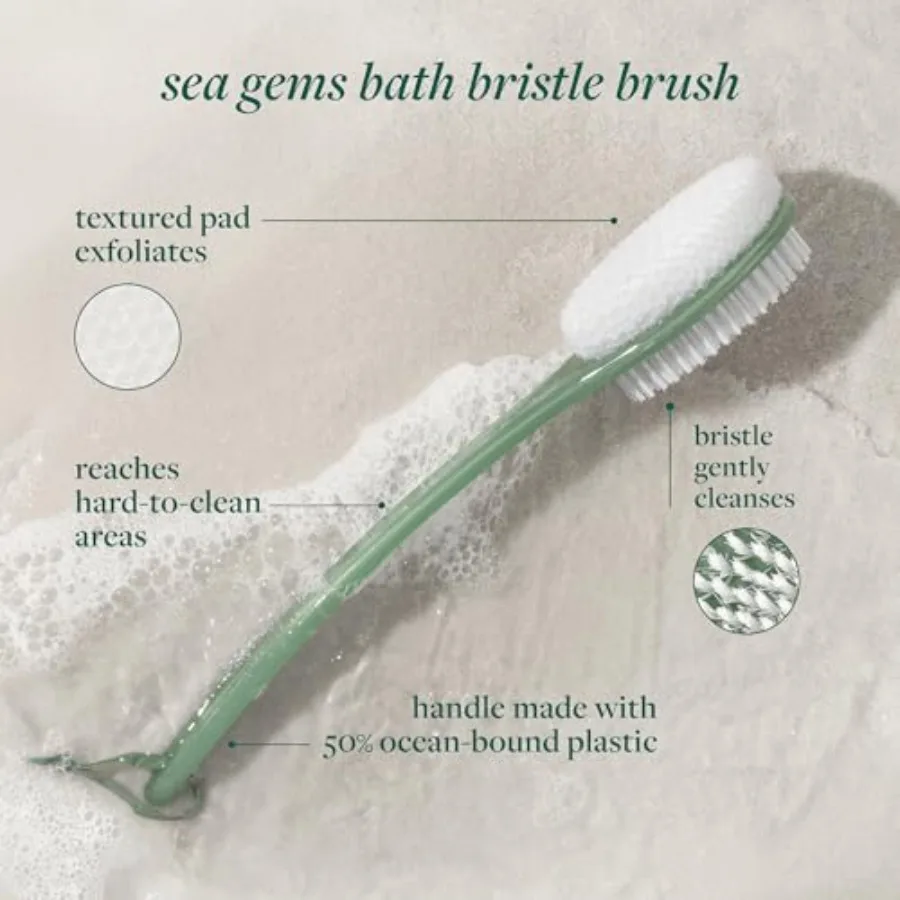 EcoTools Sea Gems, Dual-Sided Shower Brush for Cleansing and Exfoliating with Long Handle for Cleaning Back, Low-Waste Design,