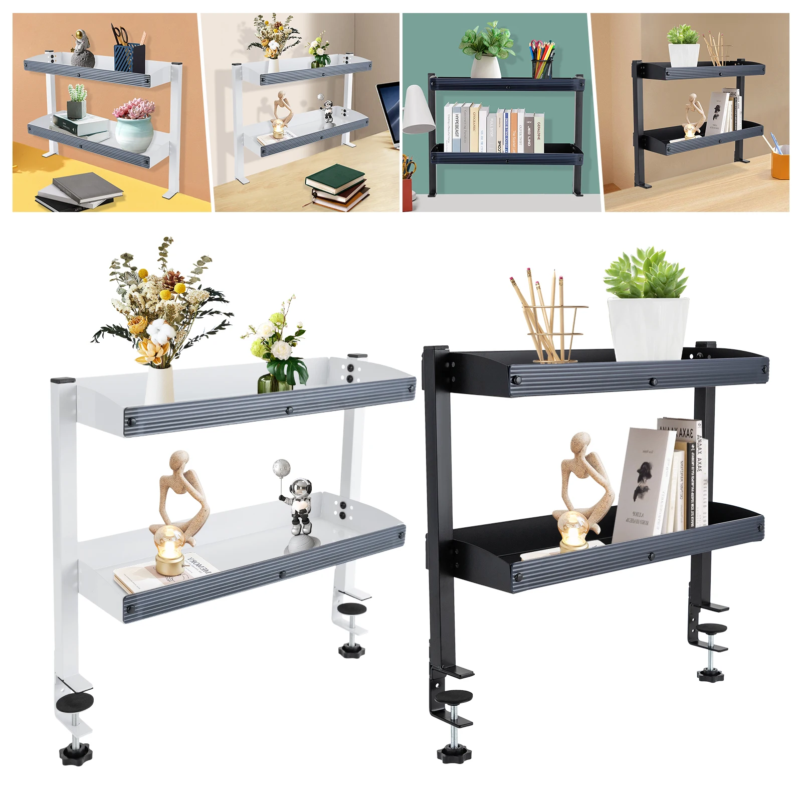 Clamp-on Desk Shelf, Clip-on Desk Shelf, 2-Tier Shelving with Adjustable Storage Tray Black/White