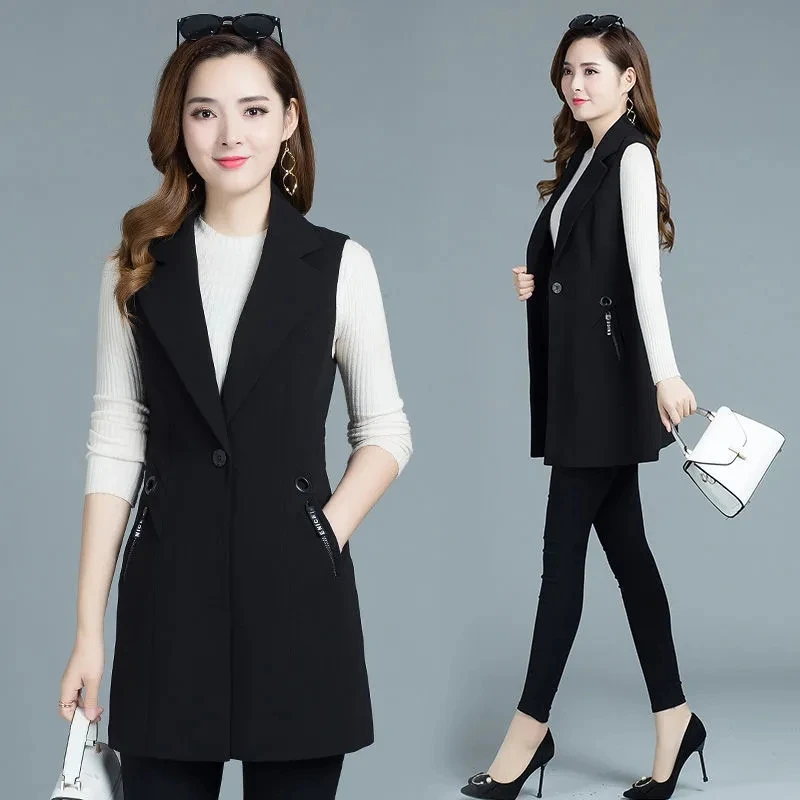 2024 Classic Women Long Blazer Vest Elegant Office Lady Coat Female Waistcoat Casual Suits Sleeveless Jacket Pocket Outwear