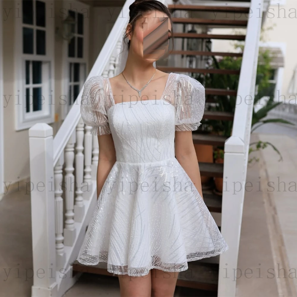 Мини-платье для выпускного вечера с квадратным воротником по индивидуальному заказу, белое трапециевидное кружевное вечернее платье с короткими рукавами и открытой спиной, простое летнее коктейльное платье