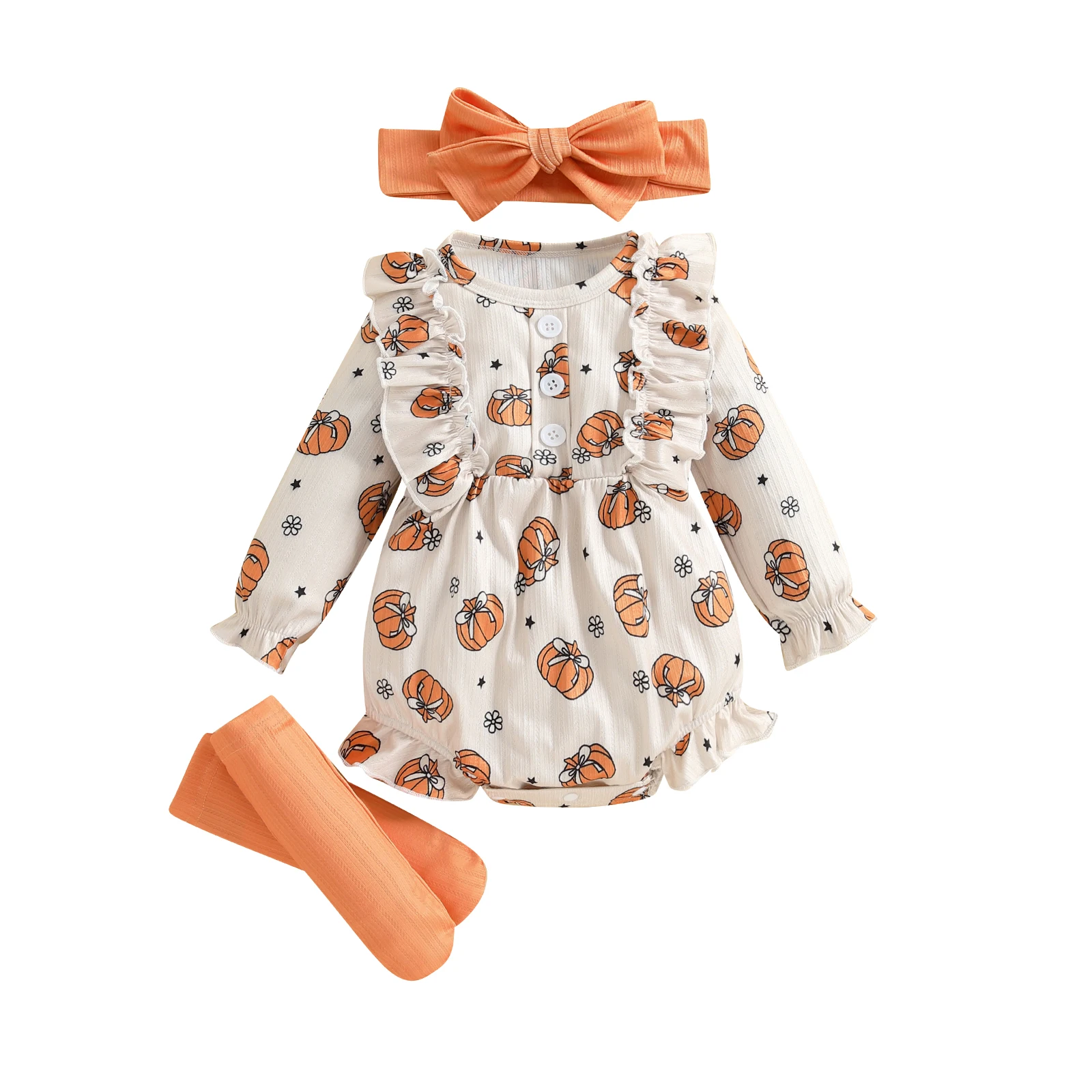 

Baby Girl Halloween Clothes Pumpkin Floral Print Long Sleeve Round Neck Ruffled Romper with Socks and Headband