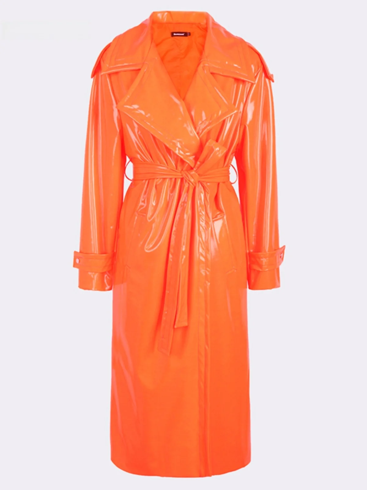 Nerazzurri Women's Long PU Leather Jacket Orange Glossy Surface Fashion Design Belted Coat High Shine Commute Style Long Sleeve