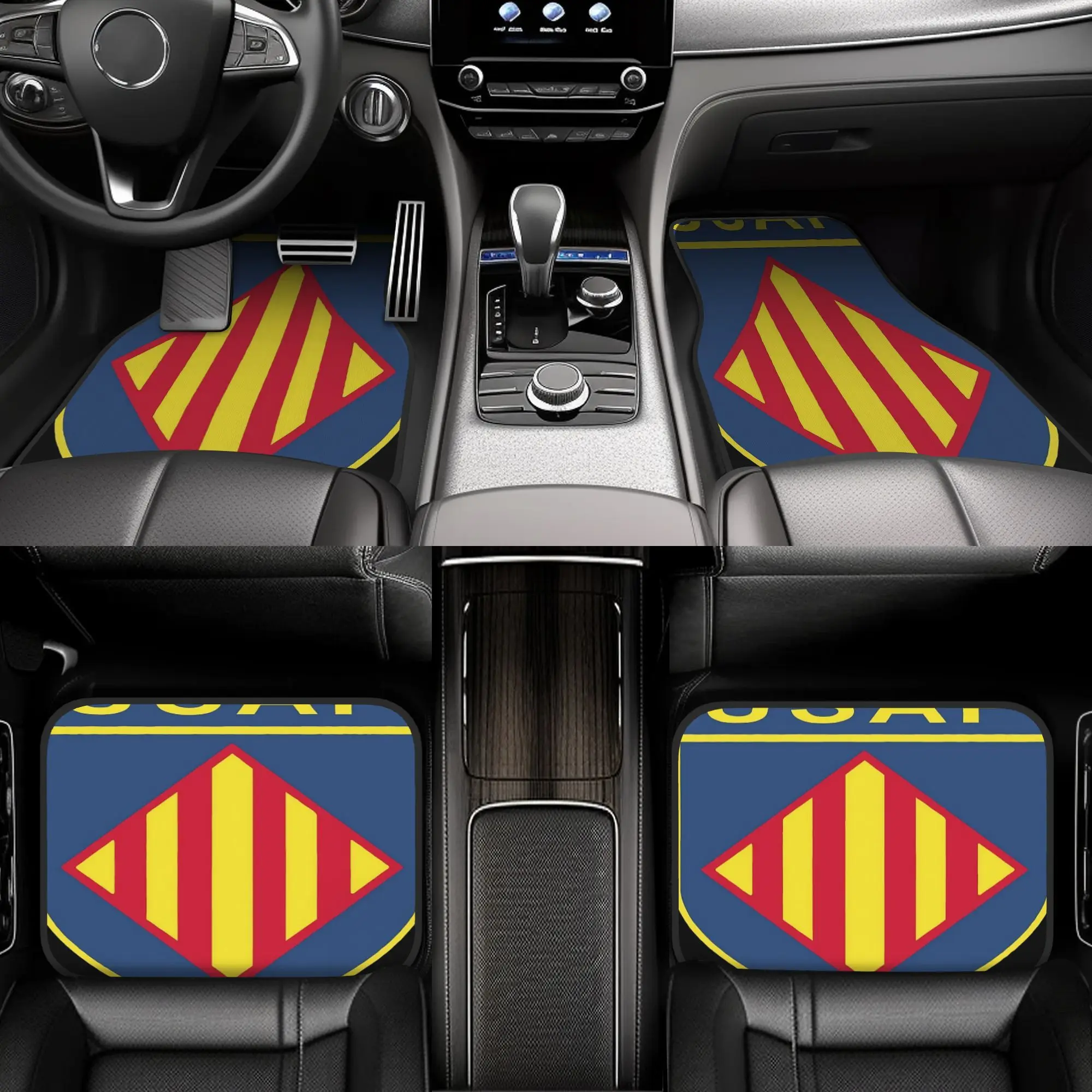 4pcs Car Floor Mats Set - Heavy-Duty All-Weather Non-Slip Design, Red & Yellow Stripes With Supreme Text & Spanish Flag/COAT Arm