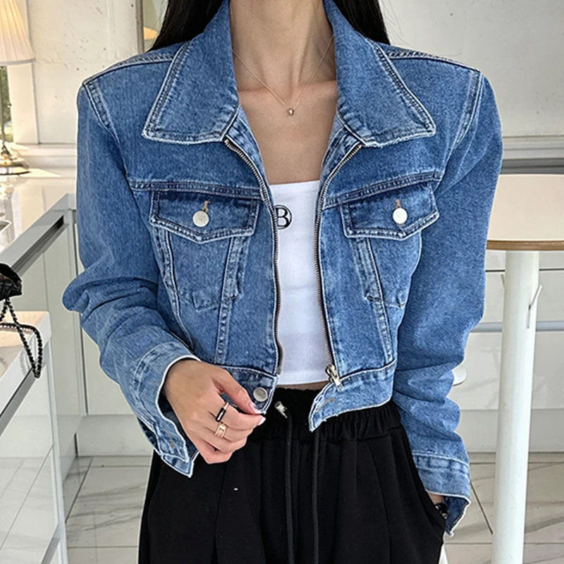 

Chic Autumn ort Zipper Design Loose Long Sve Collared Denim Jaet for Women Faionable Versatile Fem Outerwear