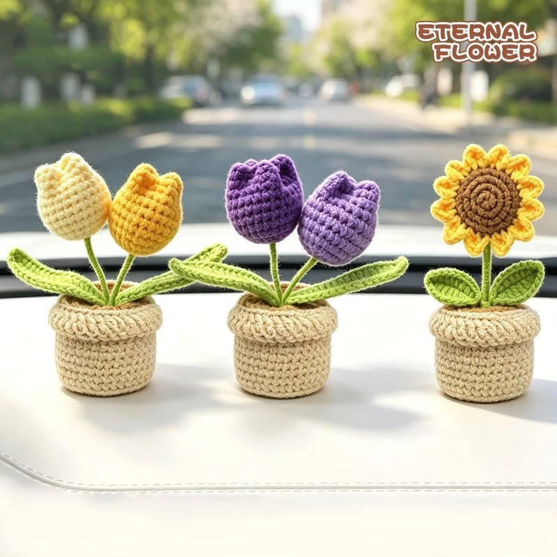 Handmade Crochet Yarn Purple Tulips Flowers, Yellow Sunflower Mini Crochet Flower Positive Gift Ornament