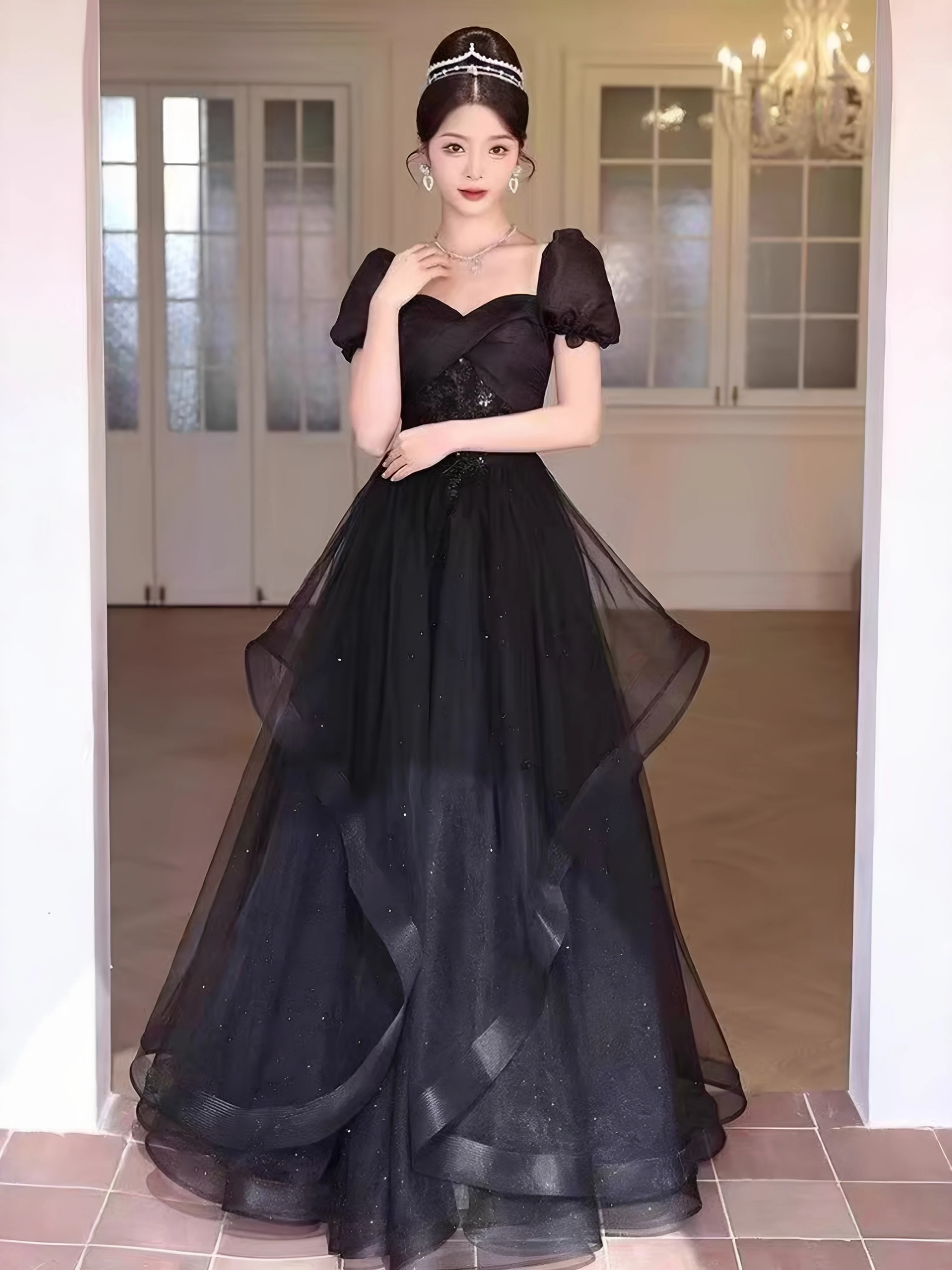Elegante Vestido de Noche Negro para Mujer, Nuevo Modelo 2026, de Alta Gama, Ligero y Lujoso, para Ceremonias, Anfitrionas y ...