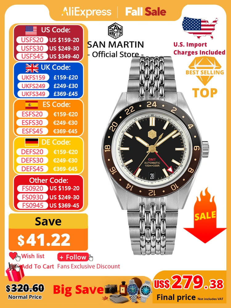 

San Martin Новые мужские часы NH34 GMT 39,5 мм, двунаправленный алюминиевый безель, роскошные автоматические механические сапфировые часы, 10 бар, светящиеся SN0116