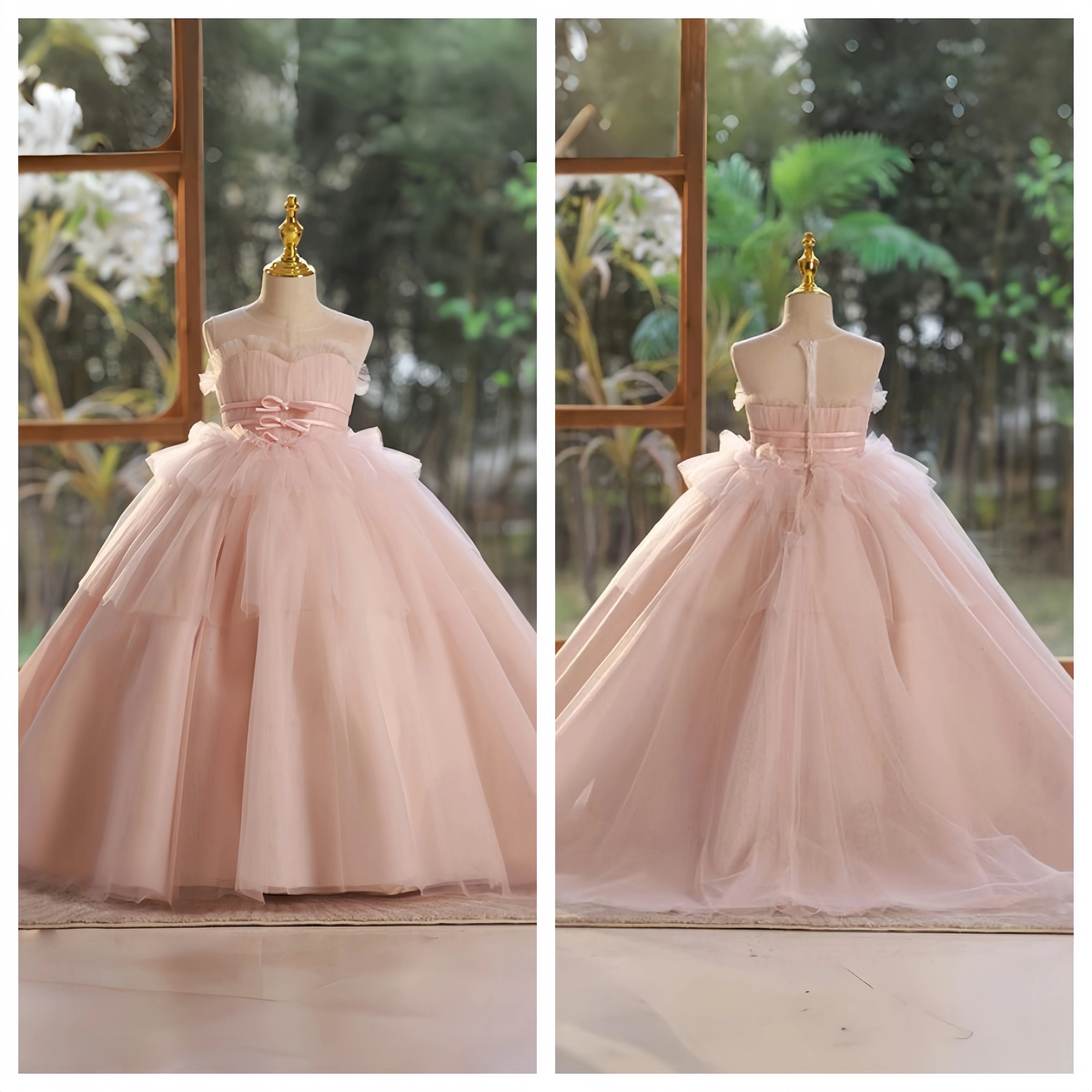 

Blush Pink Illusion Neck Flower Girl Dress Layered Tulle Princess Ball Gown Bow Floor Length for Wedding Birthday Baptism Dress