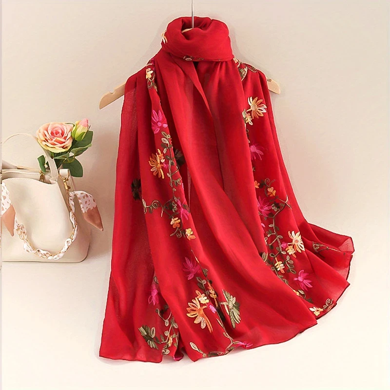 Fashionable Design Embroidered Flower Pattern WOMEN\'S Scarf Shawl Elegant and Breathable Daily Versatile Accessory 85 * 180cm