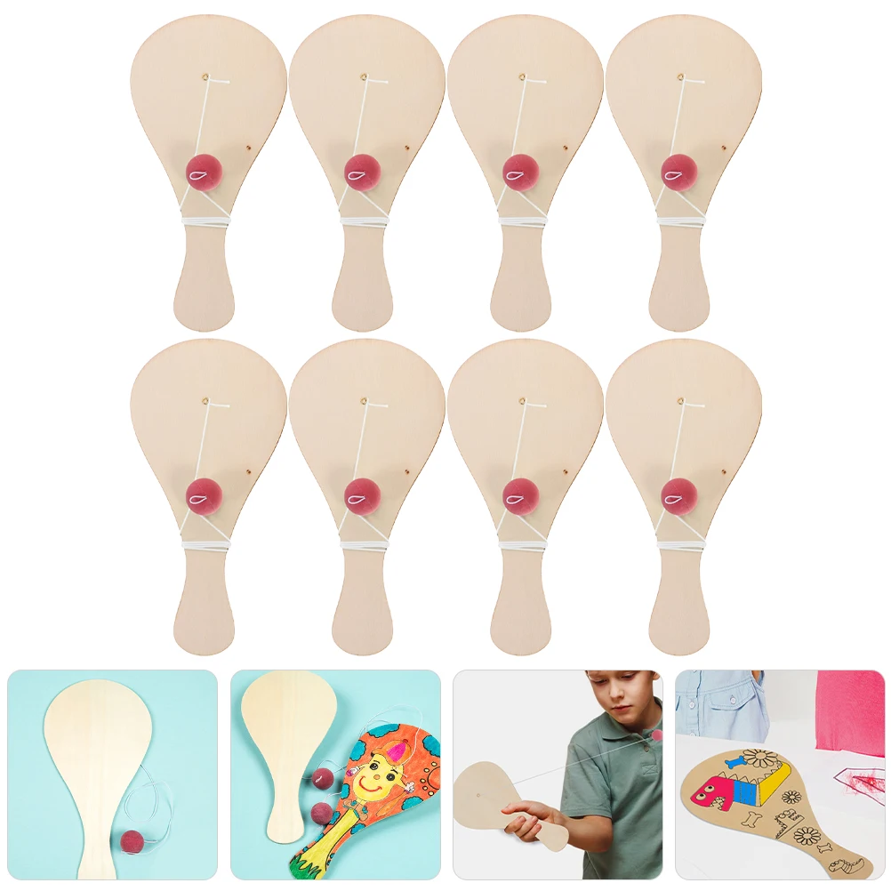 8 Pcs Hand-painted Racket Wooden Piece Diy Craft Drawing Toys Graffiti Paddle Ball Kids Toddler Coloring Puzzle
