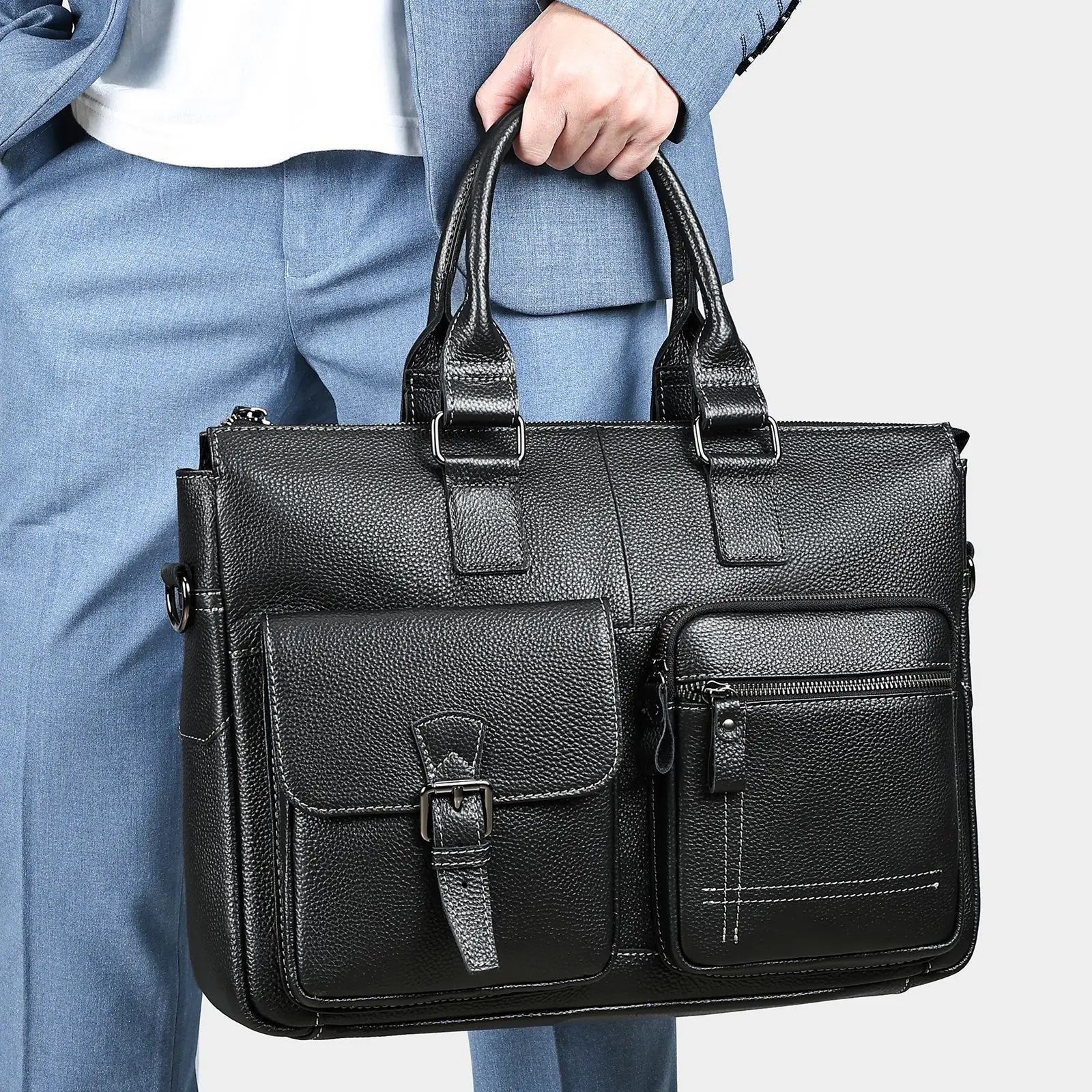 Valigetta per laptop da uomo in pelle di grana superiore |   Spaziosa borsa a tracolla |   Nuovo messaggero da lavoro aziendale