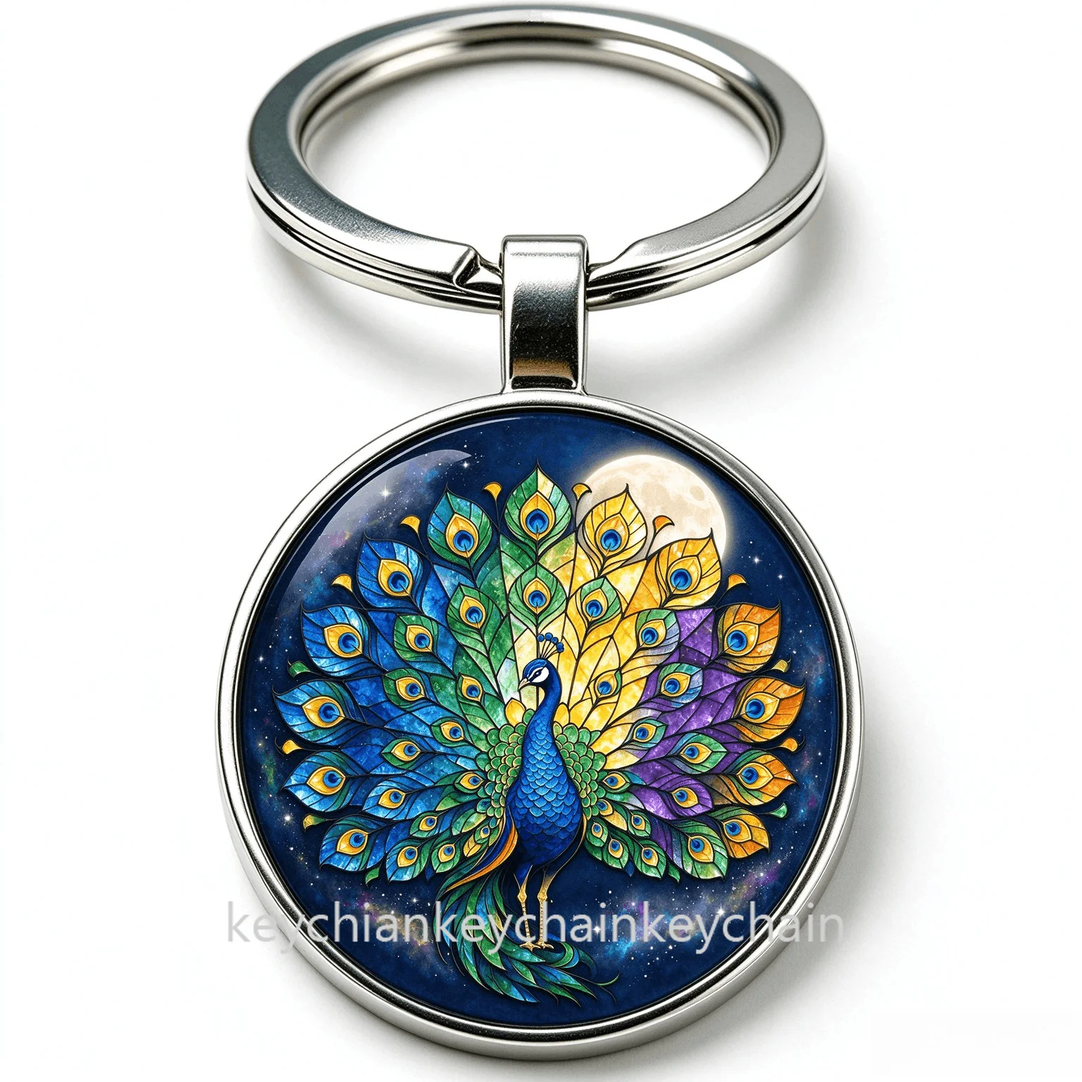 Moon Night Galaxy Peacock Keychain Key Ring Animal Bag Charm Car Key Holder Gift for Men Women